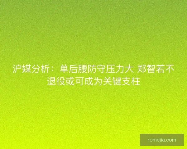 沪媒分析：单后腰防守压力大 郑智若不退役或可成为关键支柱